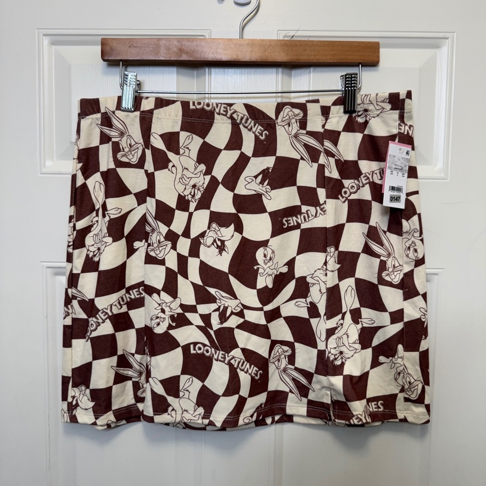 Looney Tunes Womens Mini Skirt XS Brown Warped Checkerboard Graphic Cartooncore